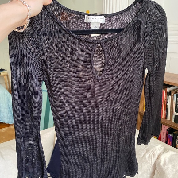 Trina Turk Tops - Trina Turk Black Sheer Knit Keyhole Long Sleeve Top Vintage
